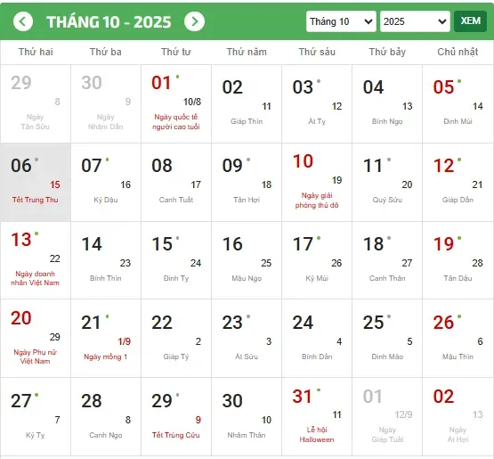 Lịch nghỉ Tết Trung Thu 2025