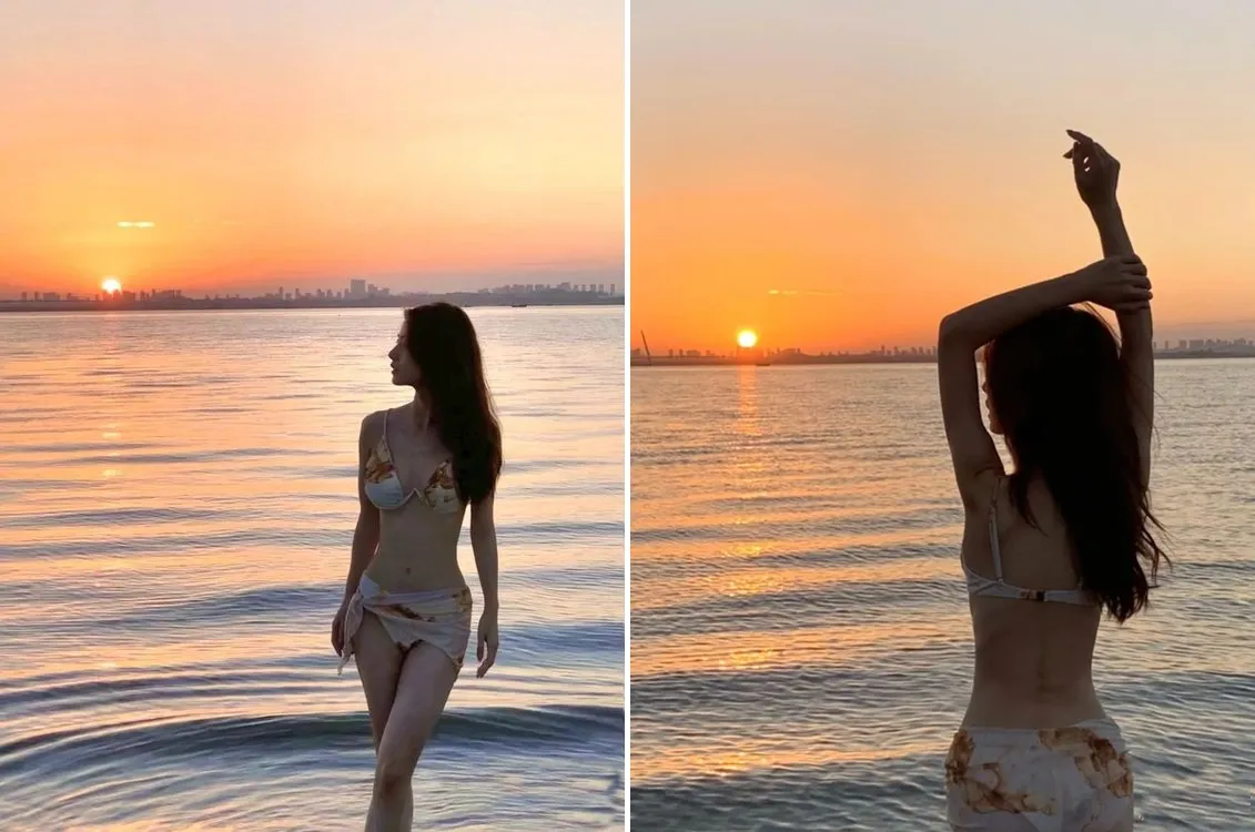 Đứng thả dáng tự do trong ánh hoàng hôn thơ mộng cùng bikini