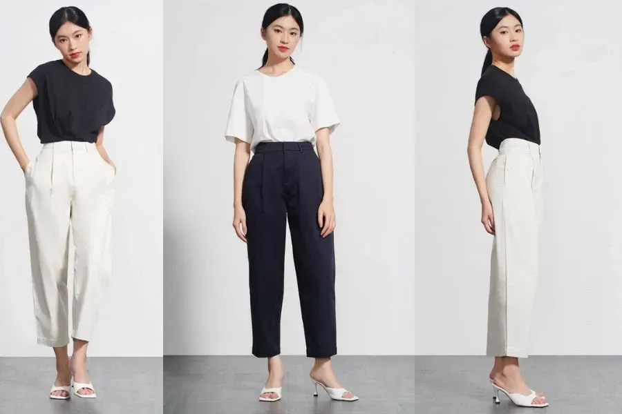 Quần kaki nữ xếp ly form carrot mang đến vẻ đẹp sang trọng và thanh lịch