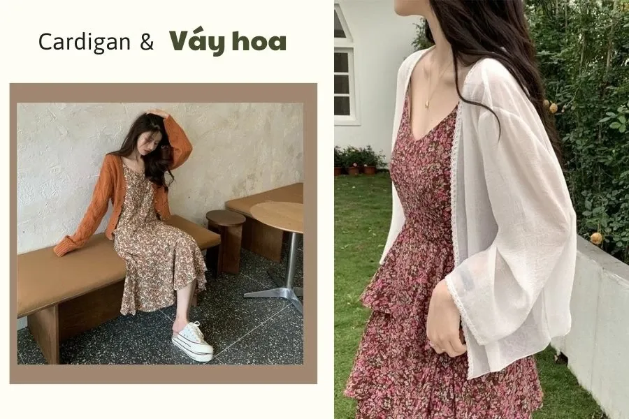 Phối đồ du lịch mùa thu nữ cùng áo cardigan và váy hoa