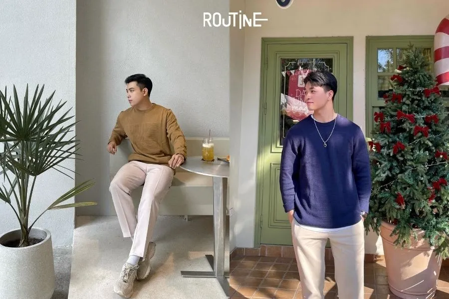 Sự kết hợp tuyệt vời giữa áo len tay dài và quần kaki mang lại vẻ lịch thiệp