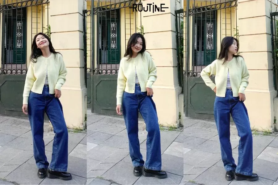 Áo len dài tay mix cùng quần jean ống suông cá tính