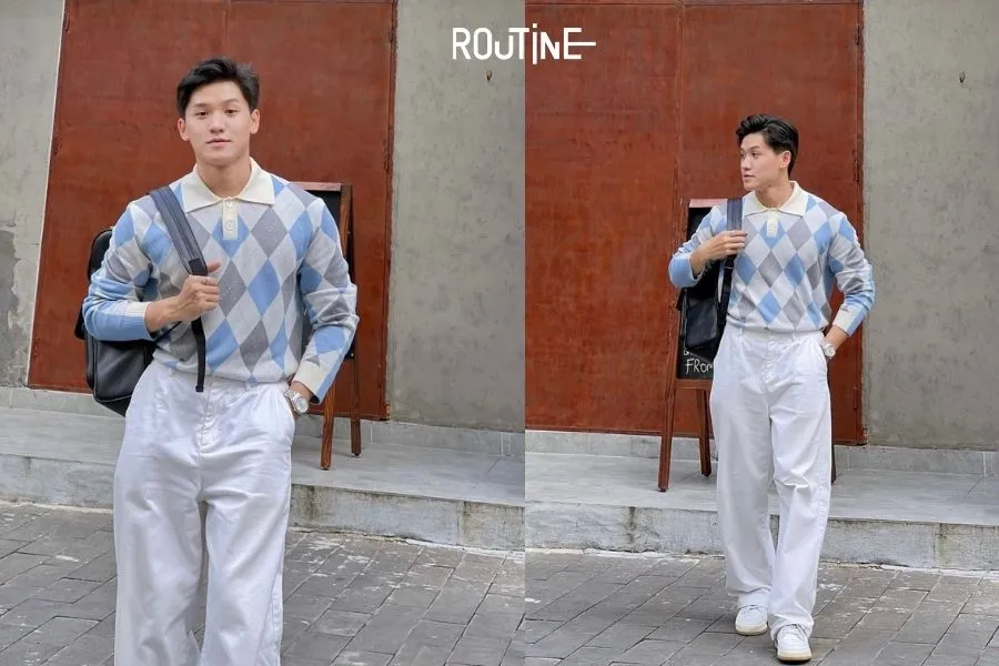 Áo len dài tay dáng polo phối cùng quần dài trang nhã và thanh lịch