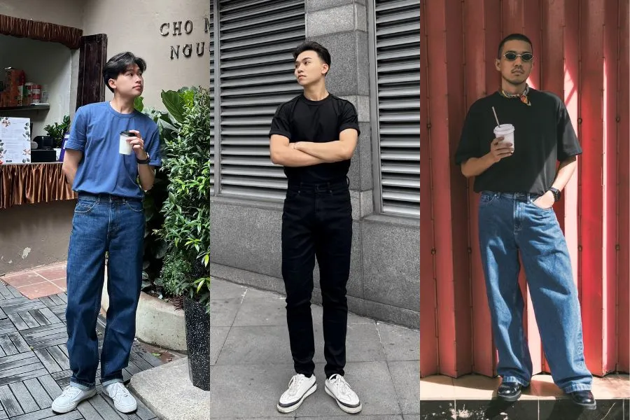 Áo phông nam và quần jean trơn tạo vẻ ngoài thanh lịch, trẻ trung.