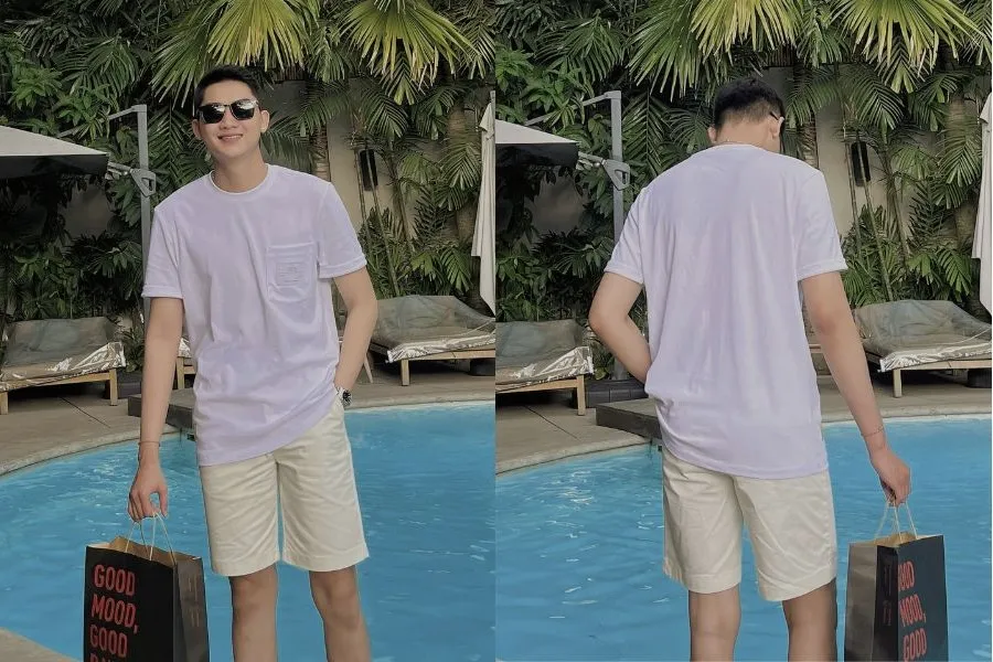 Áo phông nam và quần short jean mang đến vẻ ngoài năng động, cá tính.