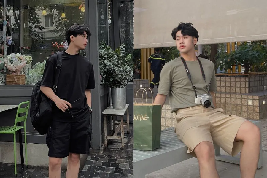 Áo phông nam và quần short ống rộng mang đến vẻ ngoài hiện đại, sành điệu.