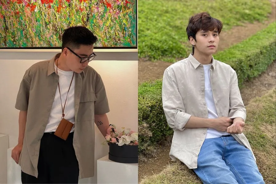 Phong cách layer với áo phông và áo sơ mi khoác ngoài trẻ trung, hiện đại.