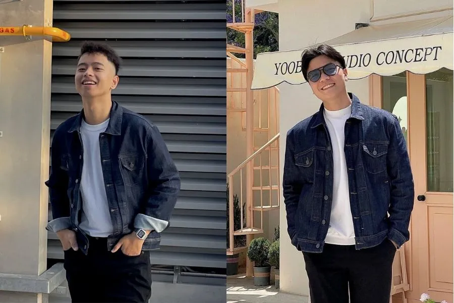 Áo khoác jean phối cùng áo phông thể hiện cá tính mạnh mẽ.