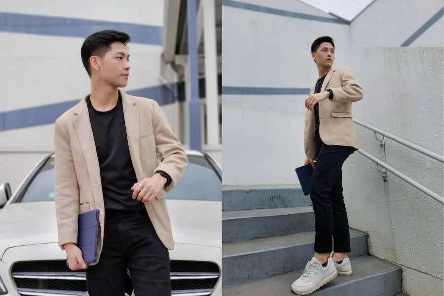 Outfit blazer phối cùng áo phông nam cho vẻ ngoài chững chạc, trưởng thành.