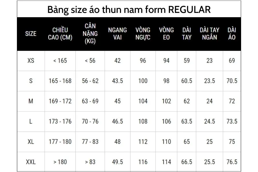 Bảng size áo phông nam form Regular