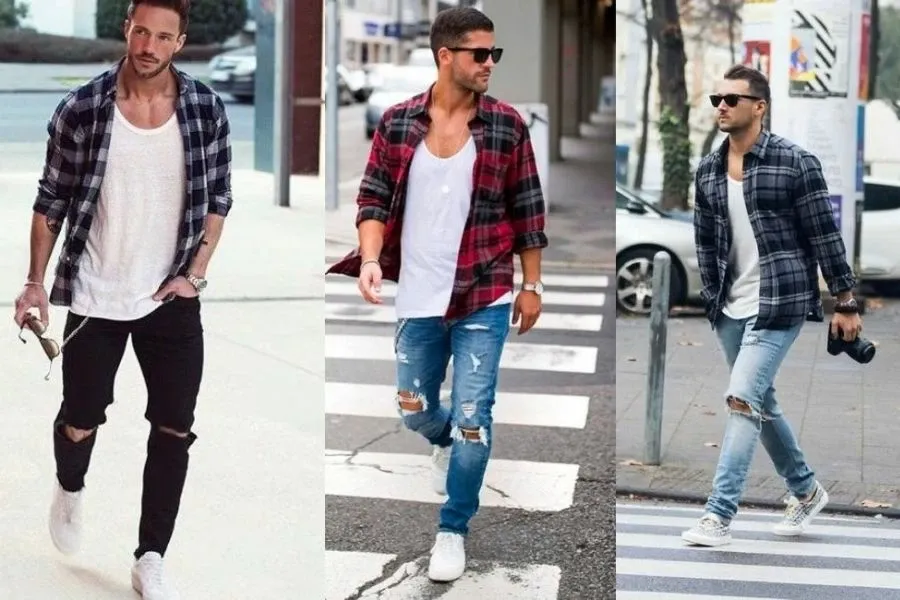 Phong phú cách phối đồ với áo sơ mi flannel bằng quần jean