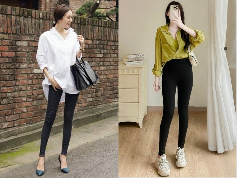 quần legging phối áo sơ mi
