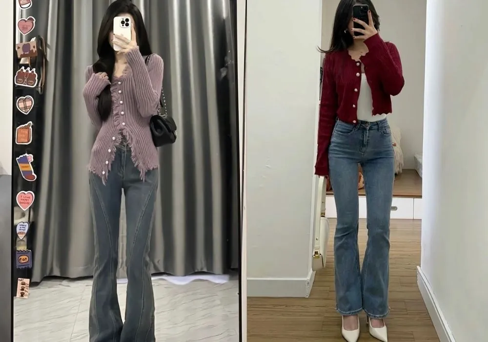 Phối đồ với áo cardigan nữ và quần jean ống loe Phối đồ với áo cardigan nữ và quần jean ống loe