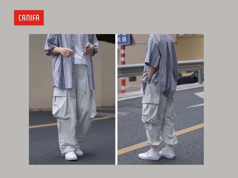 Quần Parachute cùng áo sơ mi thanh lịch và hiện đại