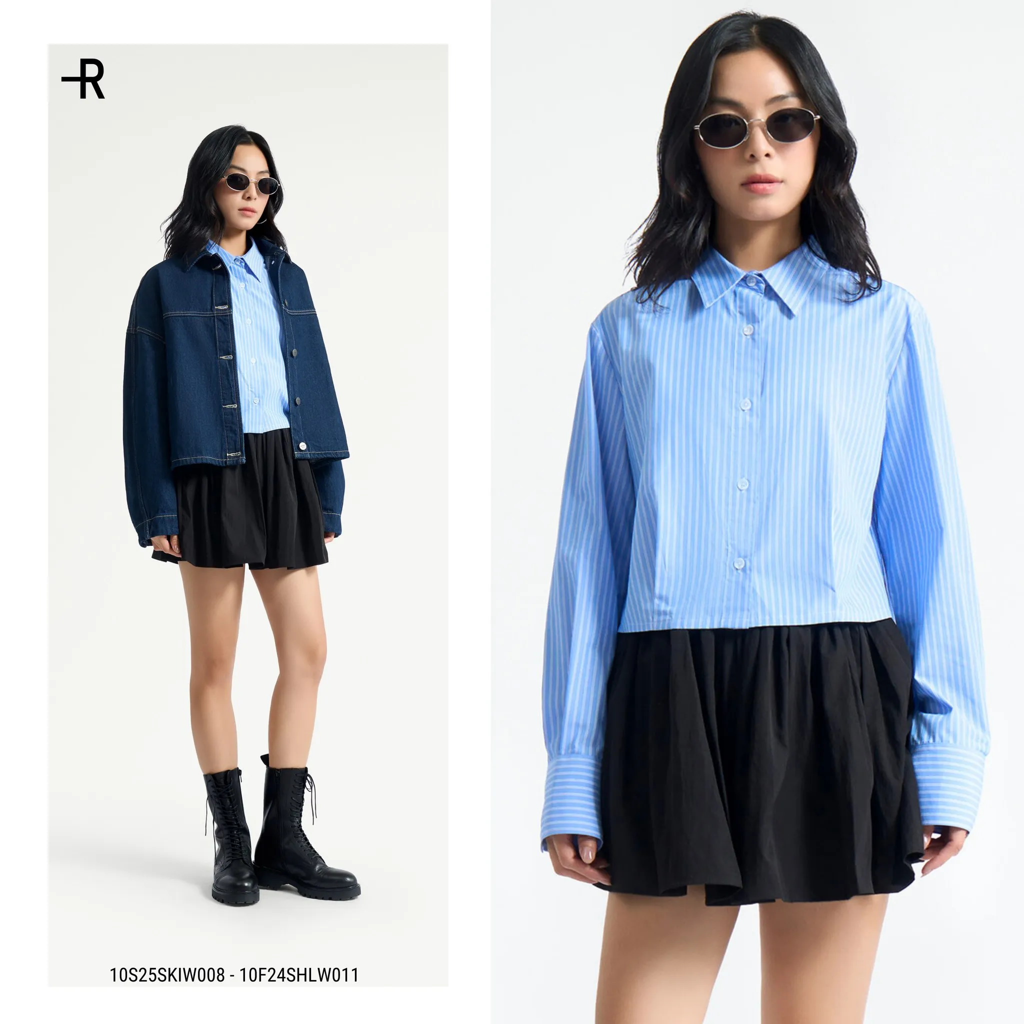 Áo sơ mi sọc xanh kết hợp áo khoác jean đen cùng chân váy đen mang đến vẻ ngoài mạnh mẽ và cá tính