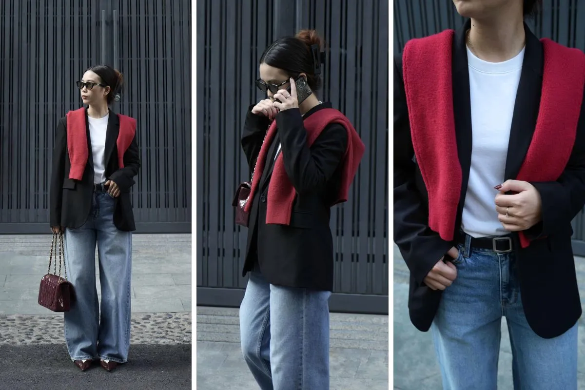 Phối blazer với quần jean và phụ kiện màu đỏ cho set đồ thêm nổi bật