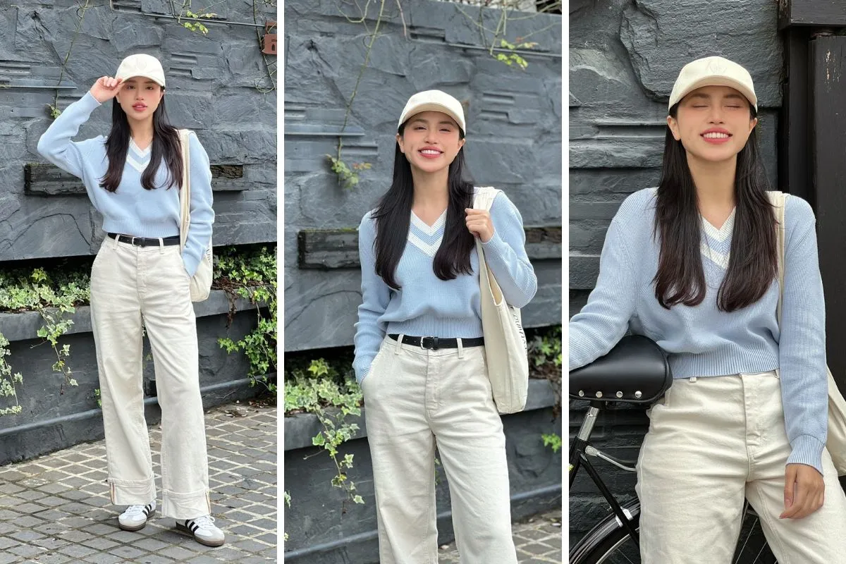 Cá tính hơn khi phối quần jean trắng ống rộng với áo len cổ V màu xanh sành điệu