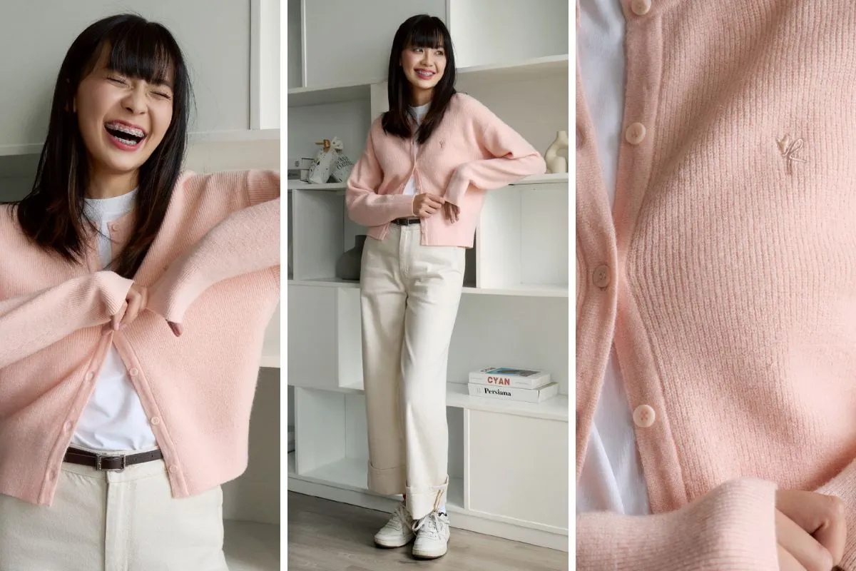 Quần jean trắng dài kết hợp với áo màu trắng và cardigan màu pastel cực ngọt cho nàng diện Tết
