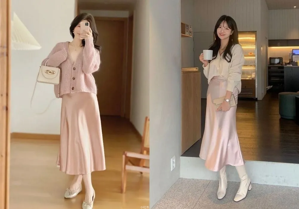 Phối váy lụa cực xinh, thu hút cùng chiếc áo cardigan Phối váy lụa cực xinh, thu hút cùng chiếc áo cardigan