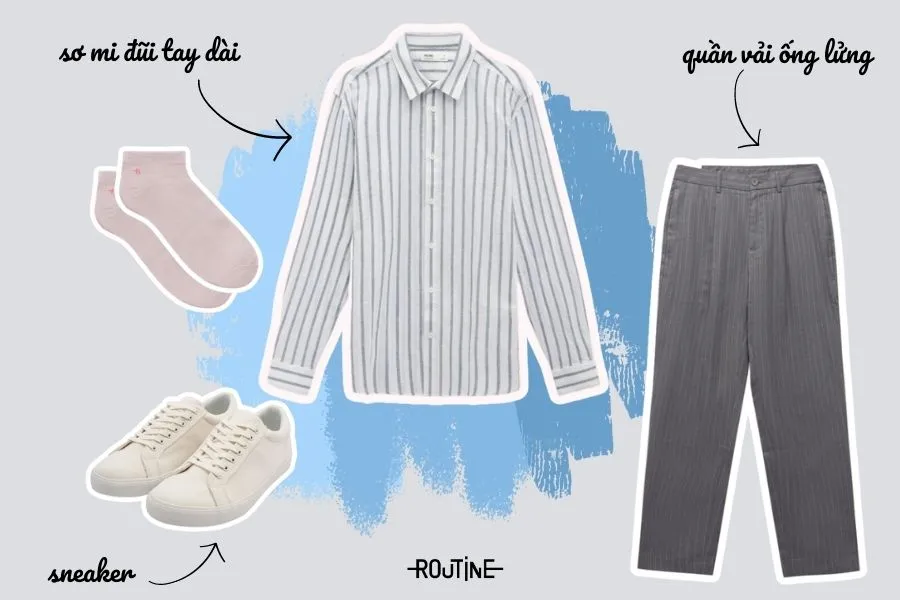 Sơ mi vải đũi và quần vải ống rộng mang đến vẻ ngoài thoải mái, lịch thiệp